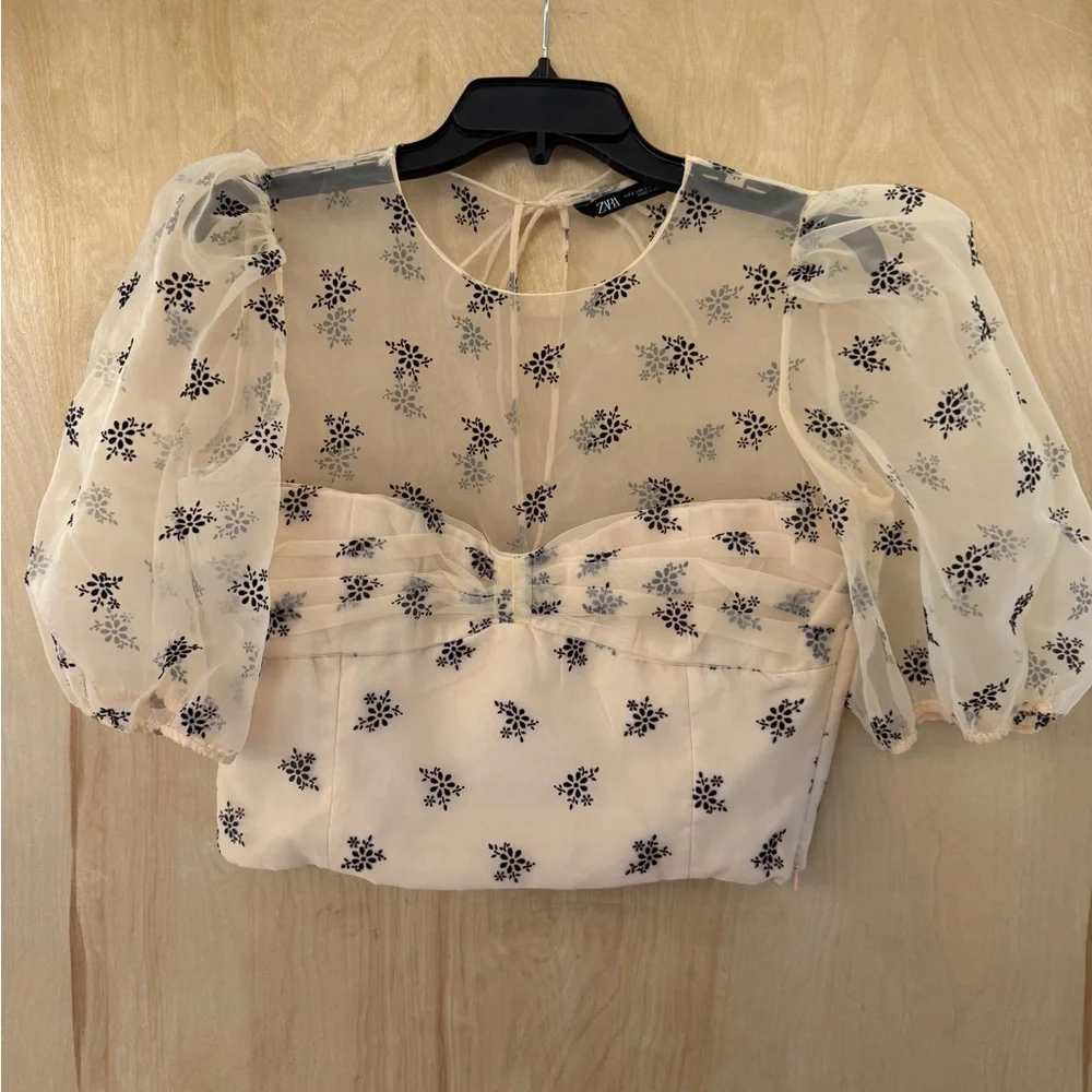 Zara Sheer Puff-Sleeve Floral Appliqué Top in Cream and Black